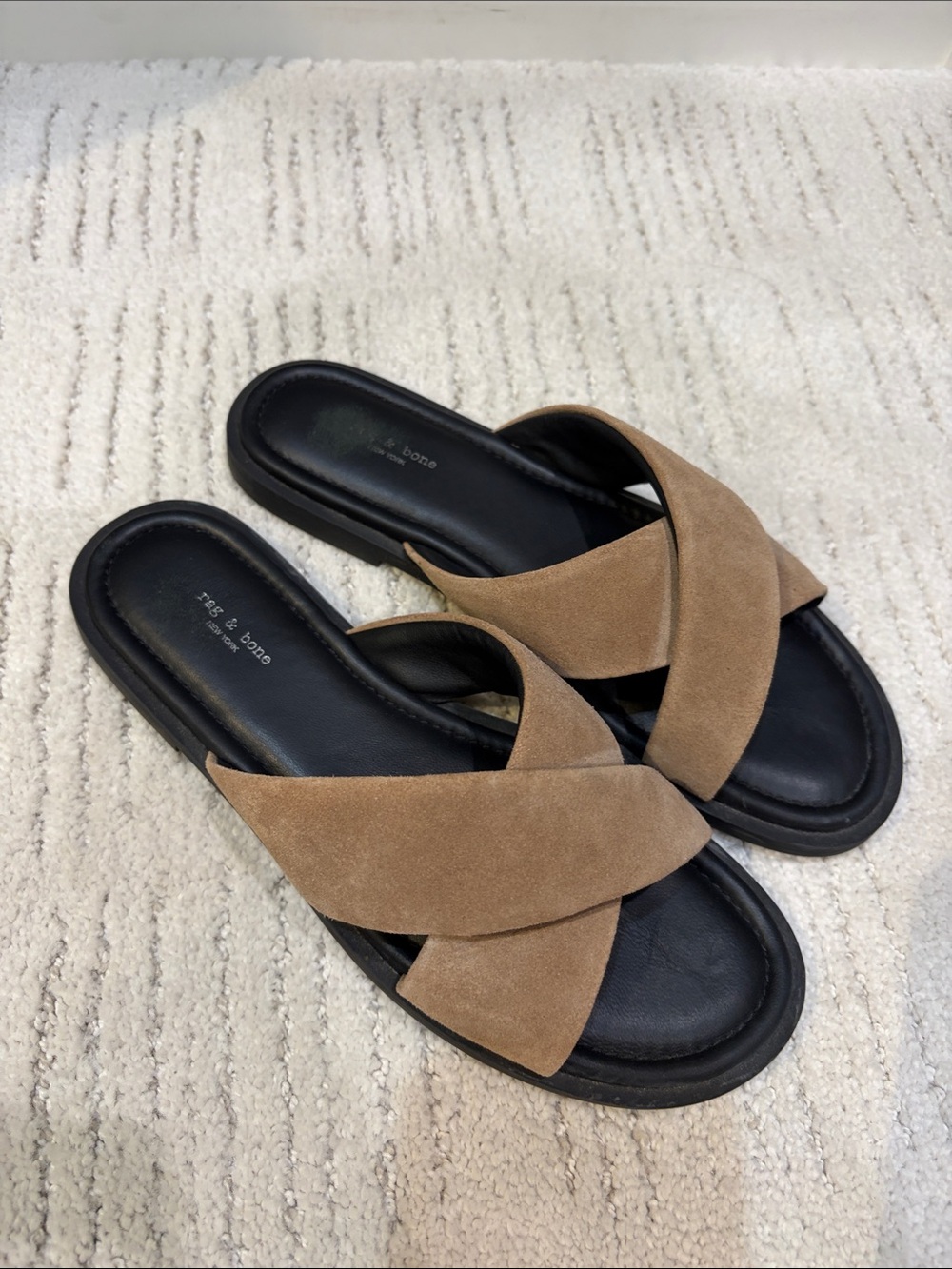 rag & bone Tan Suede Crossover Slide Sandals with Black Footbed